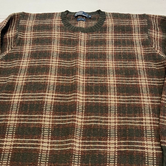 VTG Polo Ralph Lauren Men XL Plaid Check Crew Neck Sweater 100% Wool Brown-4532 - Picture 3 of 10